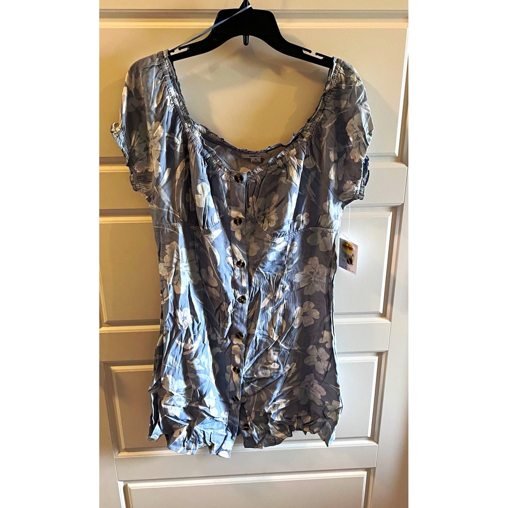 O'Neill Women's Gray Floral Short Sleeve Button Front Ruffle Blouse XL